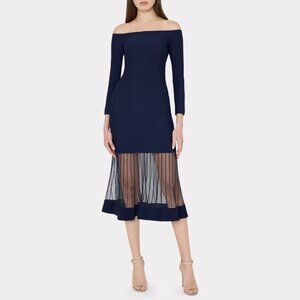 MILLY | Off The Shoulder Sheer Knit Midi Dress in Navy
